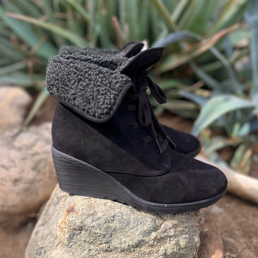 ATTENTION | Women's Black Suede Wedge Ankle Boots 9